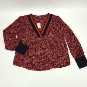 Express Leopard Print V-Neck Blouse Terracotta Red Black Cuffed Sleeve Medium
